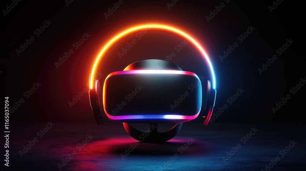 Poster a vr headset surrounded by a glowing circular frame on a black background, emphasizing futuristic te