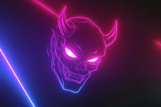Neon pink and blue devil skull illustration with glowing eyes and horns against dark background.