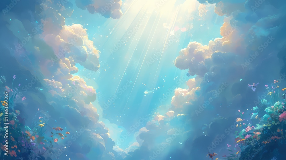 Poster a whimsical cloud-filled sky with soft sunlight rays shining through, creating a dreamy and upliftin