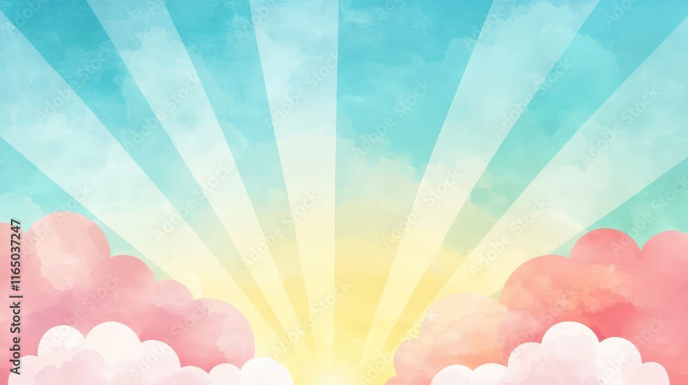 Poster a whimsical cloud-filled sky with soft sunlight rays shining through, creating a dreamy and upliftin