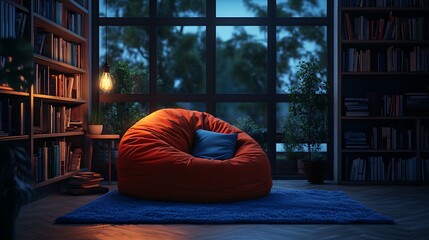 A vibrant bean bag chair set near an eclectic bookshelf, illuminated by a warm Edison bulb light fixture, soft shadows enhancing the cozy reading vibe, a tranquil space for evening relaxation,