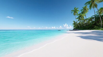 Naklejka premium Serene beach with clear turquoise water and palm trees.