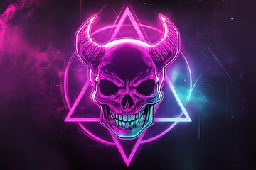 Neon pink devil skull in triangle and circle.