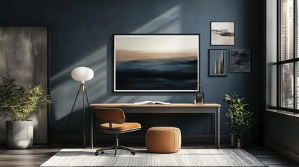 Serene Home Office with Abstract Artwork and Natural Light