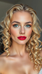 Fototapeta premium Beautiful blonde with curly hair, natural makeup and red lips. Facial and hair beauty. The picture was taken in the studio, 8k, with white tones