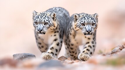 Fototapeta premium Two playful snow leopards walking through rocky terrain.