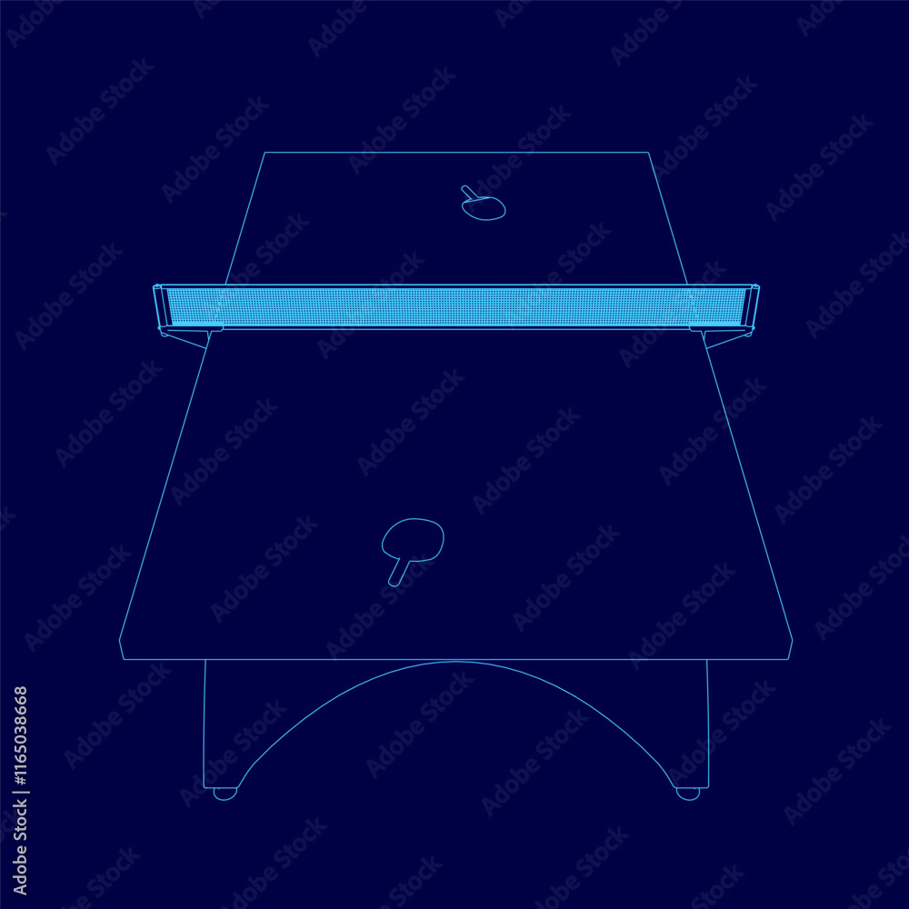 Poster blue table with a ping pong net on top.