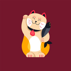 Cheerful lucky cat with fish