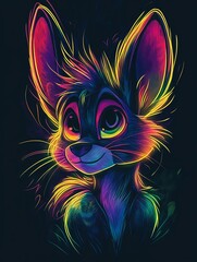 Neon-colored fennec fox portrait with vibrant fur, large ears, and expressive eyes against a dark background.