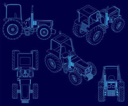 Blue drawing of a tractor with a blue drawing of the front of the tractor
