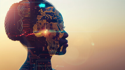 Fototapeta na wymiar digital map of africa and african woman - concept of technological growth