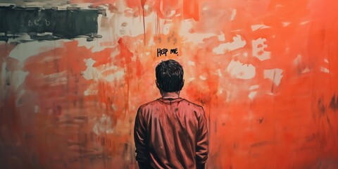 Color drawing of a thirty-year-old man seen from behind with the words "help me" above his head. depression - Generative AI
