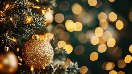 Abstract golden bokeh lights dancing on emerald green background for luxury and festive celebrations.