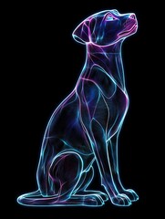 Neon-glowing outline of a dog sitting, viewed from the side, against a black background.