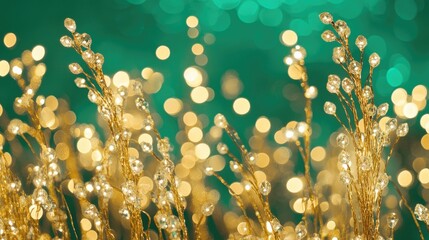 Abstract golden bokeh lights dancing on emerald green background for luxury and festive celebrations.
