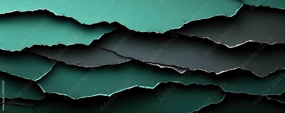 Poster torn abstract background concept. abstract layers of torn paper in a blend of green and black hues f