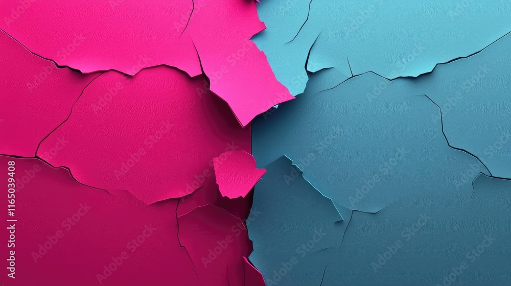 Poster Torn abstract background concept. Colorful abstract cracked surface with pink and blue texture layers.