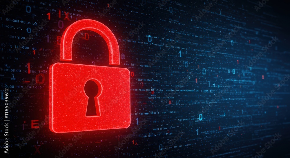 Poster glowing red lock symbolizing cybersecurity and data protection in digital space