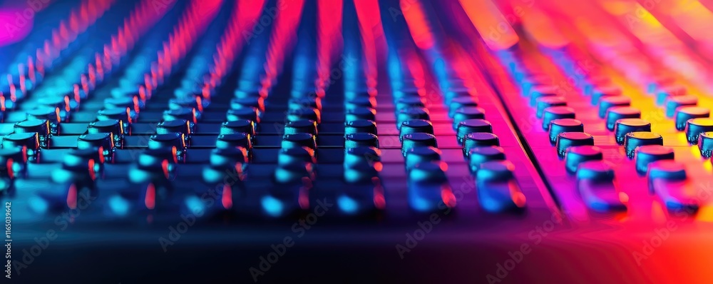 Poster Noise abstract background idea. Close-up of a colorful audio mixer, showcasing vibrant buttons and lights in a studio.