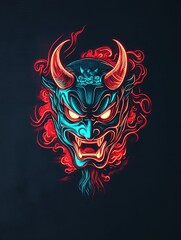 Oni mask illustration with glowing red and blue accents, dark background.