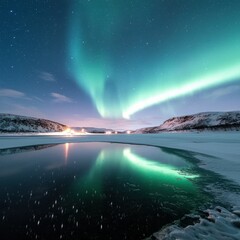 Fototapeta premium Aurora borealis dance over frozen lake iceland landscape photography night sky captivating natural phenomenon