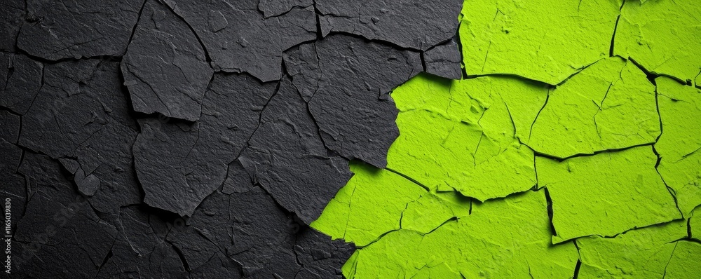Poster Torn abstract background concept. Abstract texture with green and black cracked paint creating artistic visual contrast.