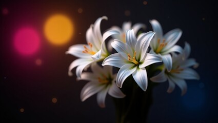 White lillies and colorful bokeh background.
