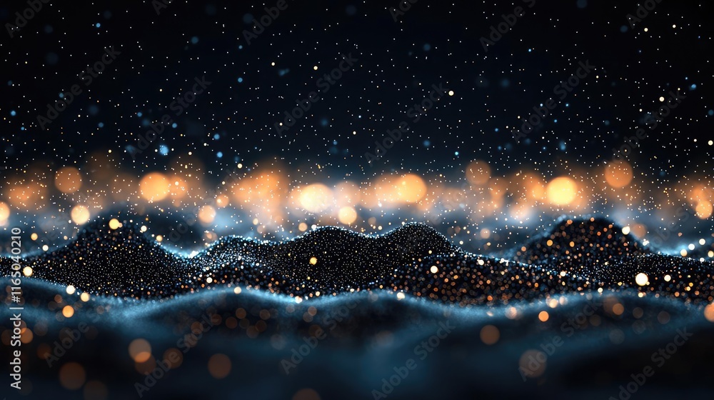 Poster Starry abstract background idea. Abstract waves of light sparkle in dark space, creating a stunning visual experience.