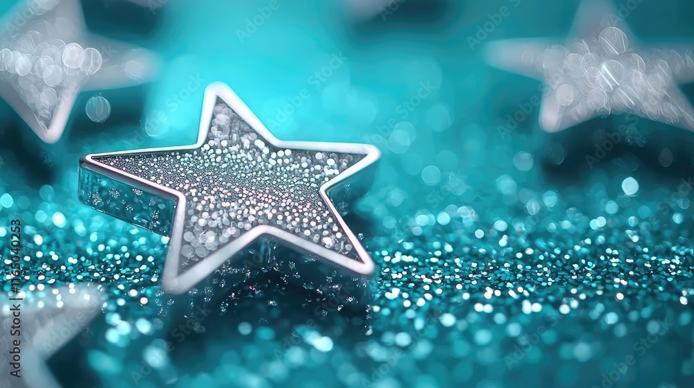 Poster Starry abstract background idea. Sparkling silver star on a shimmering teal background with glitter effects.