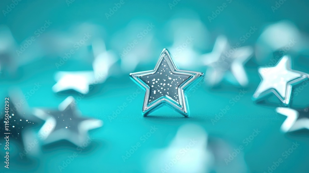 Poster starry abstract background idea. close-up of shiny silver stars on a turquoise background, ideal for