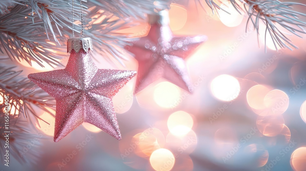 Poster starry abstract background idea. beautiful pink star ornaments hanging on a winter pine tree with so