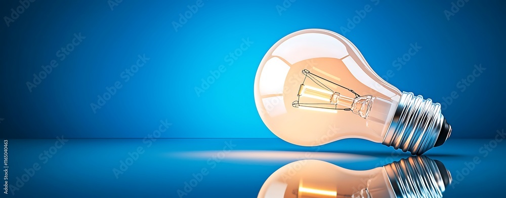 Poster bright and shiny light bulb reflected on polished surface against a blue background creating a warm 