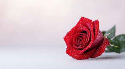 A single red rose with dew drops on a soft background.