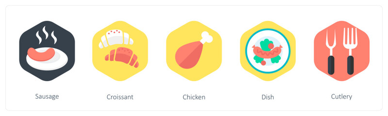 A set of 5 mix icons as sausage, criossant, chicken
