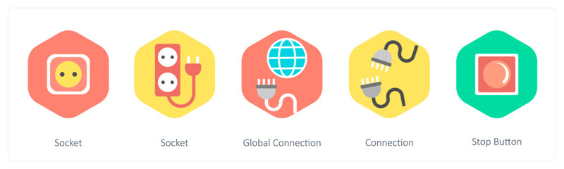 A set of 5 mix icons as socket, global connection, connection