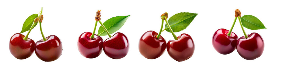 Two-sour-cherry-berries-on-a-white-background.-The-stems-and-leaves-of-the-cherries-are-green