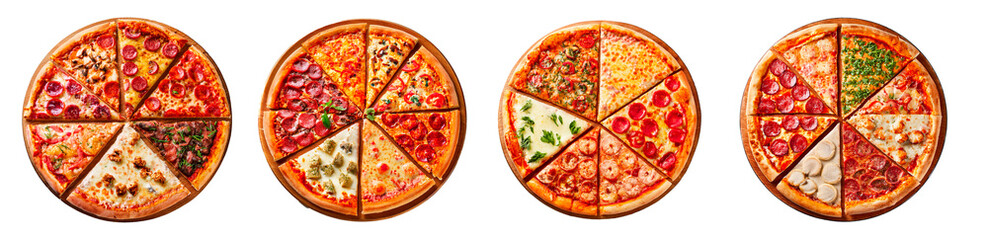 Various-flavors-of-pizza-isolated-on-a-white-background,-fast-food-plate,-cheesy-and-meat