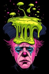 Surreal illustration of a sad clown with vibrant green slime erupting from his head, set against a black background.