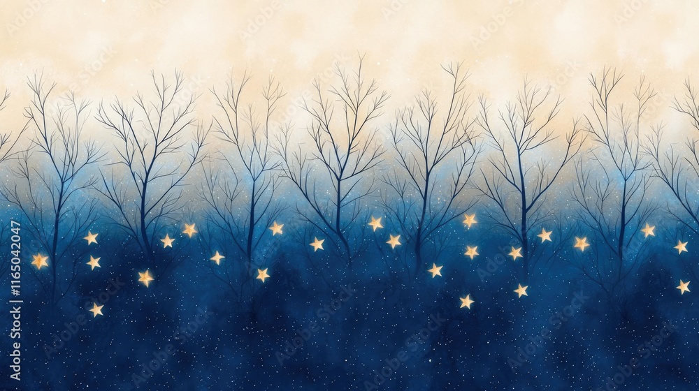 Poster starry abstract background idea. a serene landscape with bare trees and starry sky, evoking peace an