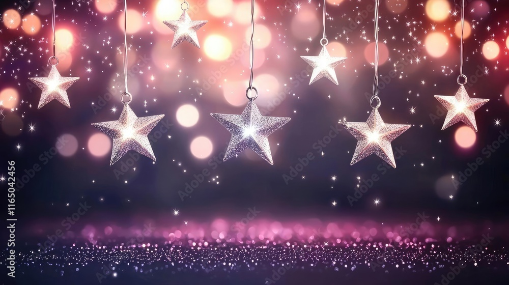 Poster Starry abstract background idea. Beautiful hanging stars with sparkling bokeh lights create a magical atmosphere.