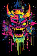 Vibrant, geometric skull design with horns, sharp teeth, and neon colors against a dark background.