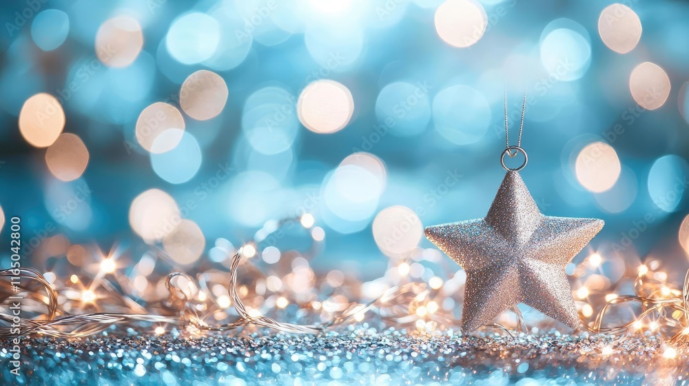 Poster starry abstract background idea. a sparkling silver star ornament shines on a blurred blue backgroun