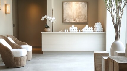 Aerial view of a serene spa reception area with a modern and minimalist design.