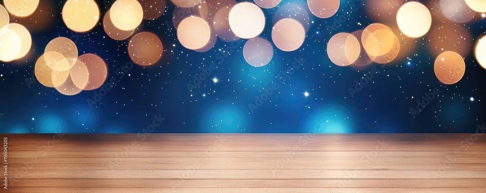 Poster starry abstract background idea. a beautifully lit background with bokeh lights and a wooden surface