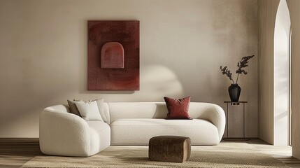 A cozy living room featuring a modern sofa, artwork, and decorative elements.