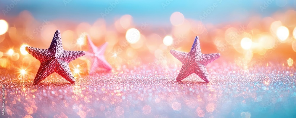 Poster Starry abstract background idea. Colorful star decorations scattered on a sparkling surface with soft bokeh background.