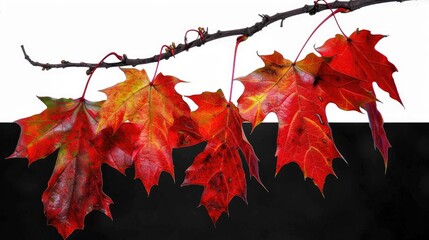 A branch with vibrant red maple leaves against a contrasting background.
