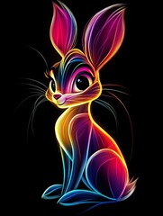 Vibrant rainbow neon bunny rabbit sitting, cute cartoon style illustration on black background.