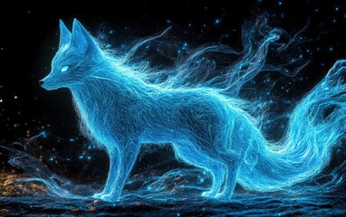 A luminous blue fox crafted from energy stands alert. Ideal for fantasy settings, album art, or as a striking phone wallpaper.