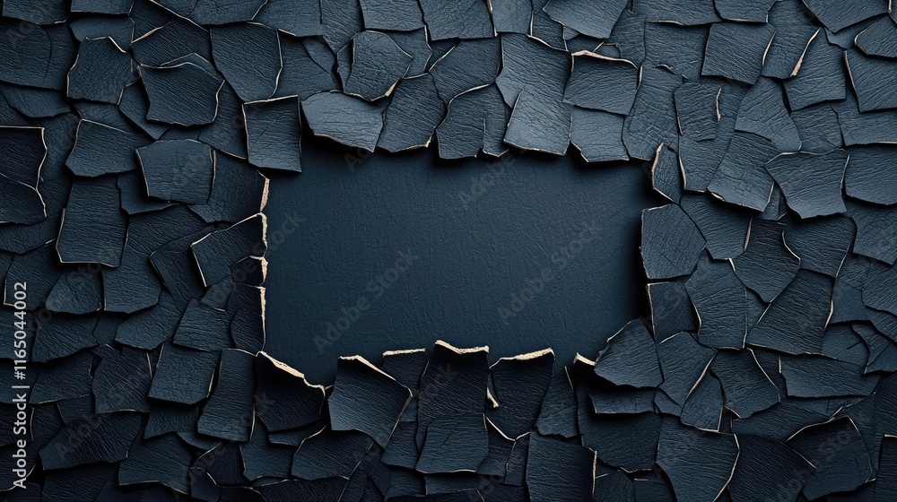 Poster Torn abstract background concept. Cracked black surface with a blank rectangular space for editing or text insertion.